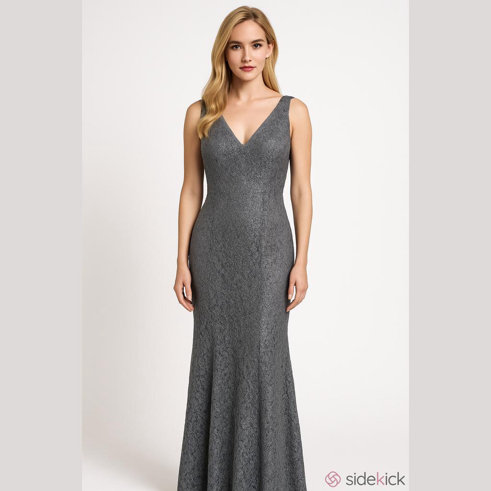 Sidekick Slate Gray Lace V‑Neck Maxi Dress